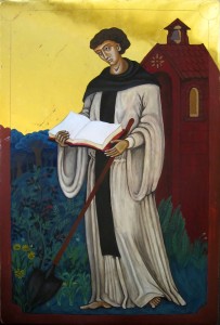 G. Barnes, 2011. 'St Fiacre Patron Saint of Gardeners' [Egg Tempera and Gold on Oak]. Collection of the artist, Christchurch.