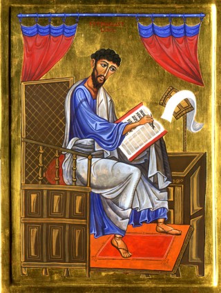 G. Barnes, 2008. 'St. Luke Patron Saint of Painters' [tempera and gold on board]. Collection of the artist, Christchurch.