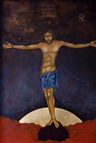 'Kenotic Christ of the Violet Meteorite' 2019 [Egg tempera and 23.5kt gold on board. 40x28cm]